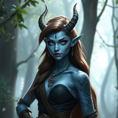 A stunning pale blue tiefling character with beautifully styled brown hair, striking features that include elegant horns protruding from the forehead, captivating glowing eyes, and a well-fitted outfit that complements their unique skin tone