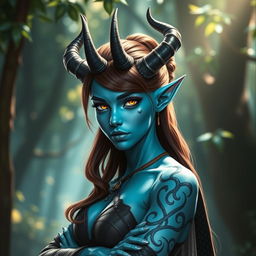 A stunning pale blue tiefling character with beautifully styled brown hair, striking features that include elegant horns protruding from the forehead, captivating glowing eyes, and a well-fitted outfit that complements their unique skin tone