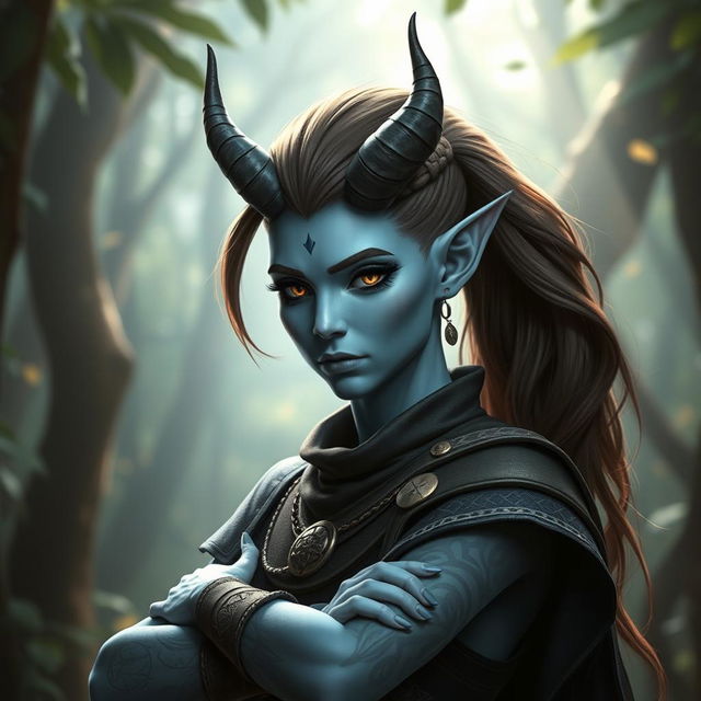 A stunning pale blue tiefling character with beautifully styled brown hair, striking features that include elegant horns protruding from the forehead, captivating glowing eyes, and a well-fitted outfit that complements their unique skin tone