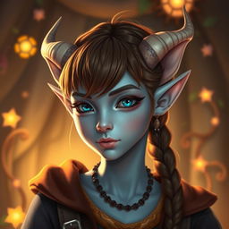 A stunning pale blue tiefling with captivating brown hair, adorned with small, elegant horns
