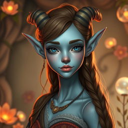 A stunning pale blue tiefling with captivating brown hair, adorned with small, elegant horns