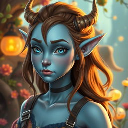 A stunning pale blue tiefling with captivating brown hair, adorned with small, elegant horns