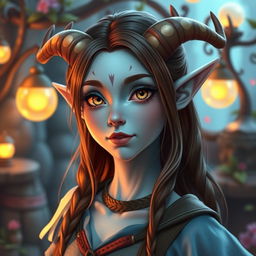 A stunning pale blue tiefling with captivating brown hair, adorned with small, elegant horns