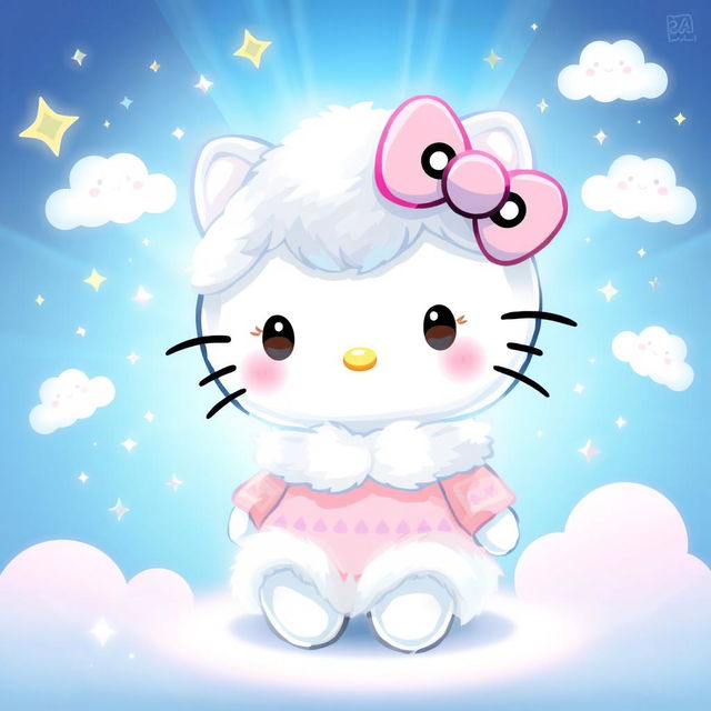 A whimsical and vibrant illustration featuring Hello Kitty bathed in soft blue light