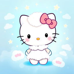 A whimsical and vibrant illustration featuring Hello Kitty bathed in soft blue light