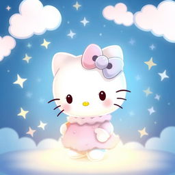 A whimsical and vibrant illustration featuring Hello Kitty bathed in soft blue light