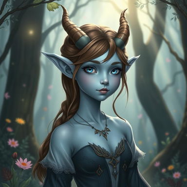 A pretty pale blue tiefling with brown hair, featuring small, delicate horns