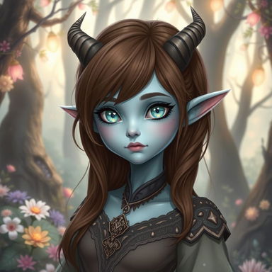 A pretty pale blue tiefling with brown hair, featuring small, delicate horns