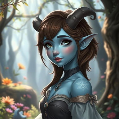 A pretty pale blue tiefling with brown hair, featuring small, delicate horns
