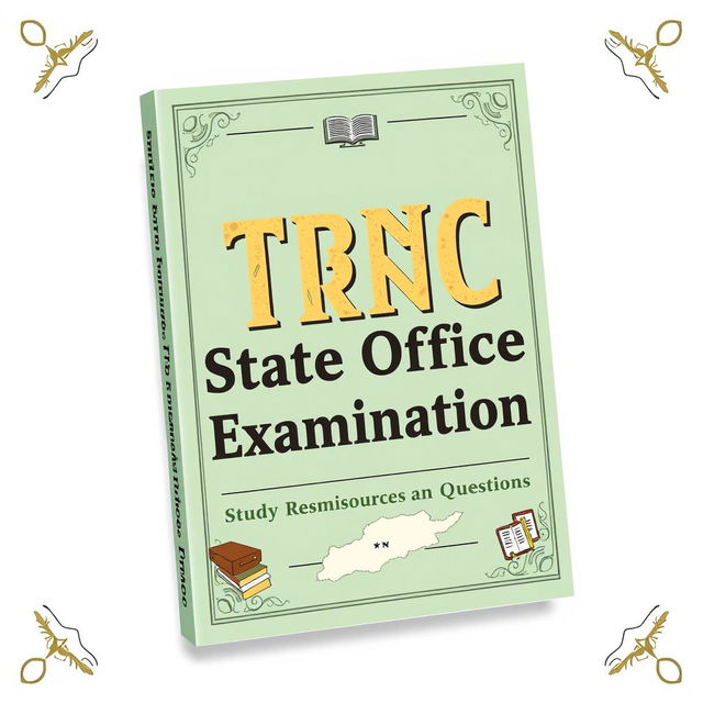 A book cover design for 'TRNC State Office Entrance Examination Study Resources and Questions', featuring a pastel green theme with retro design elements