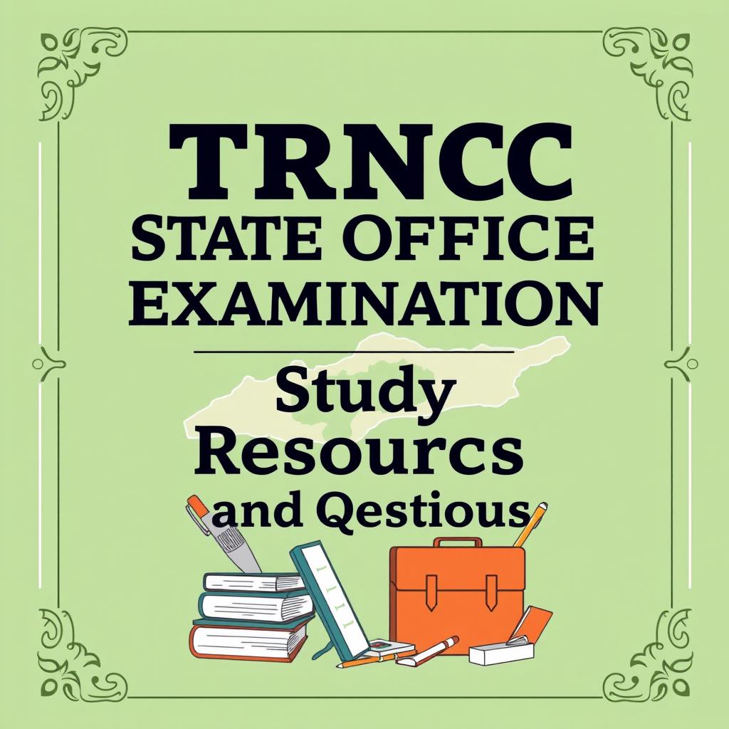 A book cover design for 'TRNC State Office Entrance Examination Study Resources and Questions', featuring a pastel green theme with retro design elements