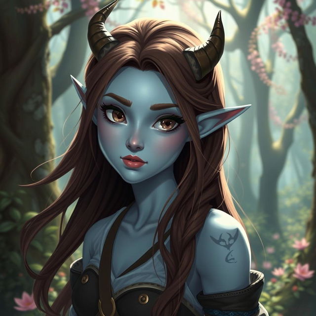 A beautiful pale blue tiefling with flowing brown hair, adorned with small, charming horns peeking through her hair