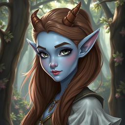 A beautiful pale blue tiefling with flowing brown hair, adorned with small, charming horns peeking through her hair