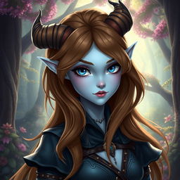 A beautiful pale blue tiefling with flowing brown hair, adorned with small, charming horns peeking through her hair