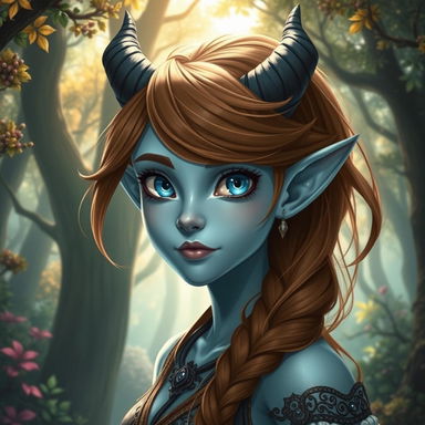 A beautiful pale blue tiefling with flowing brown hair, adorned with small, charming horns peeking through her hair