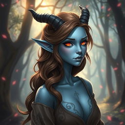 A beautiful pale blue tiefling with smooth skin, showcasing small, elegant horns on their head