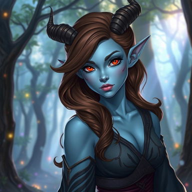 A beautiful pale blue tiefling with smooth skin, showcasing small, elegant horns on their head