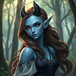 A beautiful pale blue tiefling with smooth skin, showcasing small, elegant horns on their head