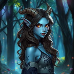 A beautiful pale blue tiefling with smooth skin, showcasing small, elegant horns on their head