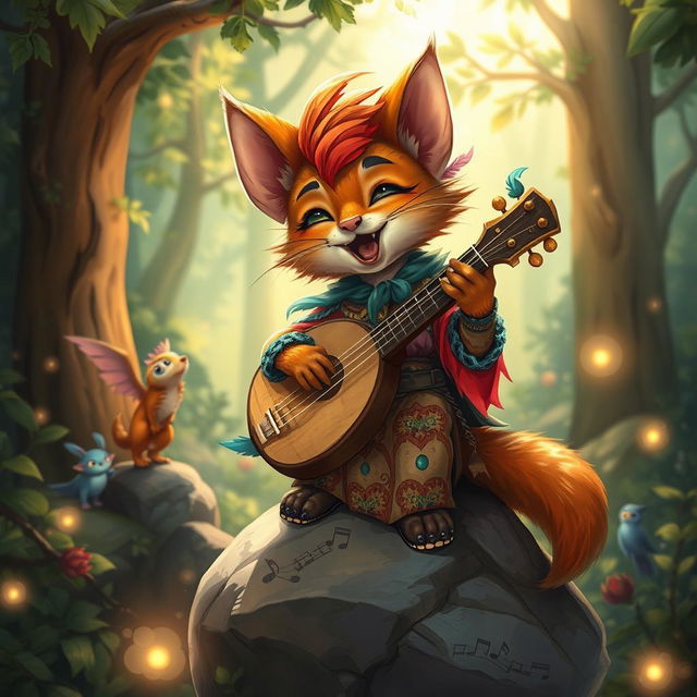 A whimsical scene featuring a little tabaxi bard, a small humanoid cat-like creature with bright fur, playing a lute