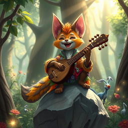 A whimsical scene featuring a little tabaxi bard, a small humanoid cat-like creature with bright fur, playing a lute