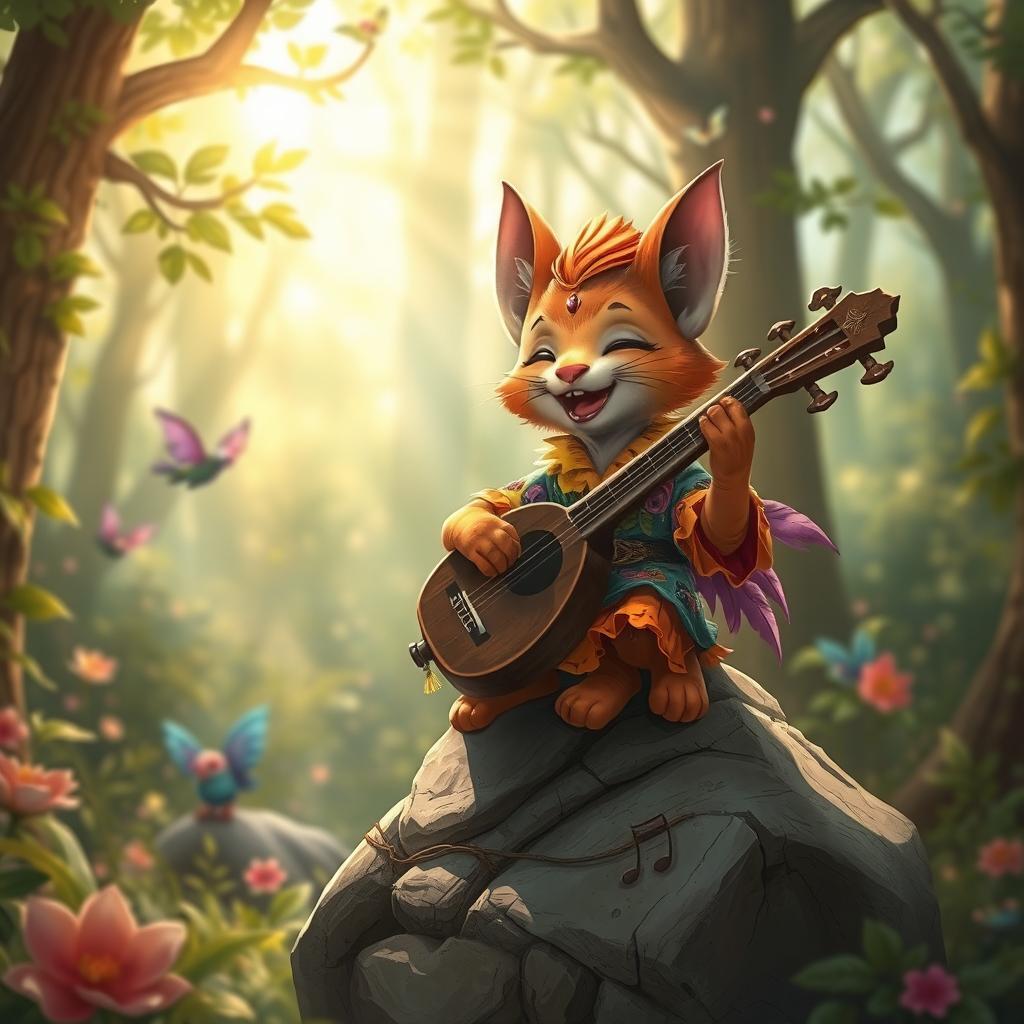 A whimsical scene featuring a little tabaxi bard, a small humanoid cat-like creature with bright fur, playing a lute