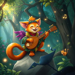 A whimsical scene featuring a little tabaxi bard, a small humanoid cat-like creature with bright fur, playing a lute