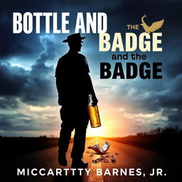 A striking image depicting the silhouette of a police officer walking away from a shattered liquor bottle at a crossroads, symbolizing a pivotal moment of decision