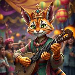 A teenage tabaxi bard, featuring feline-like features and an exuberant personality, wearing an ornate crown