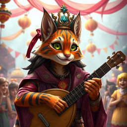 A teenage tabaxi bard, featuring feline-like features and an exuberant personality, wearing an ornate crown