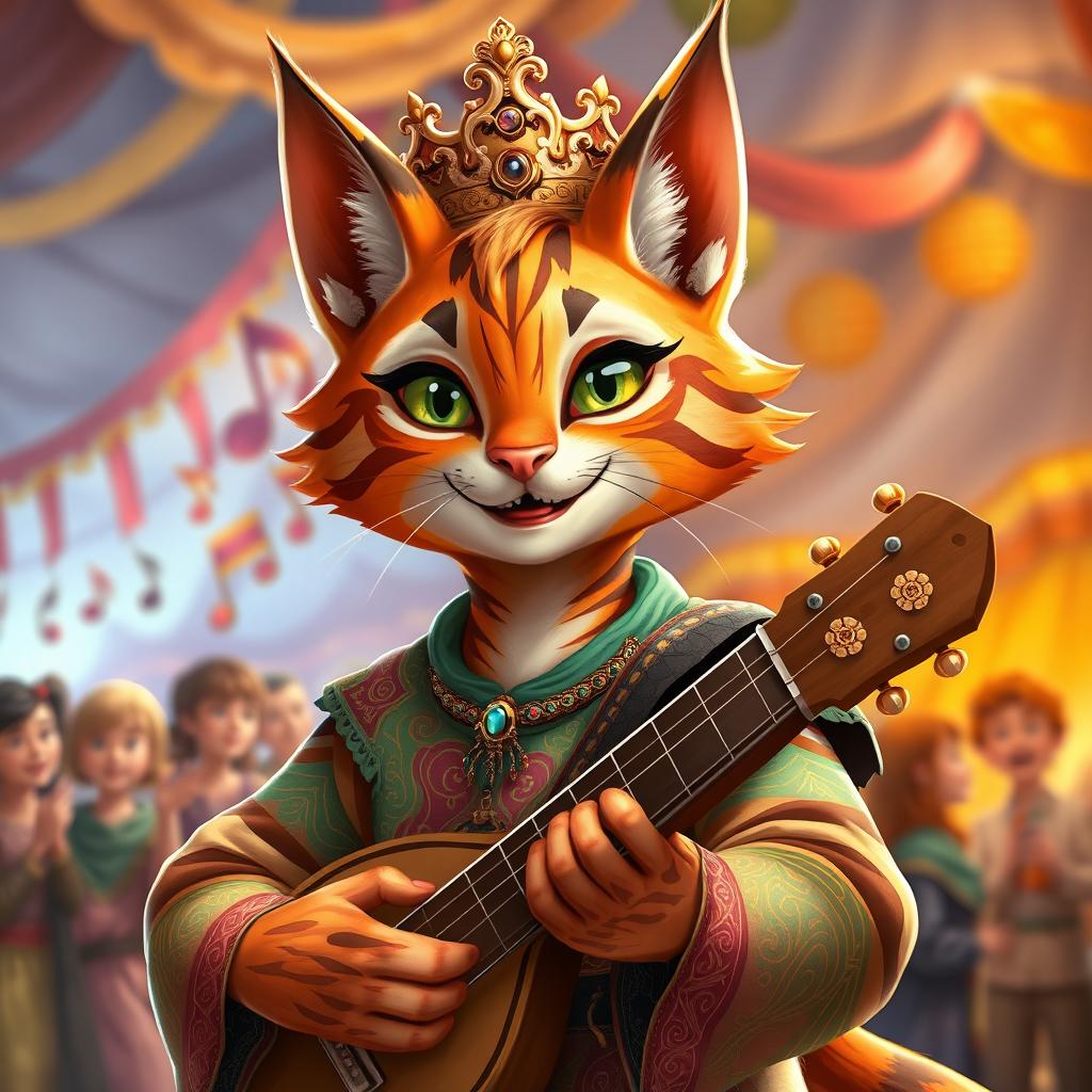 A teenage tabaxi bard, featuring feline-like features and an exuberant personality, wearing an ornate crown