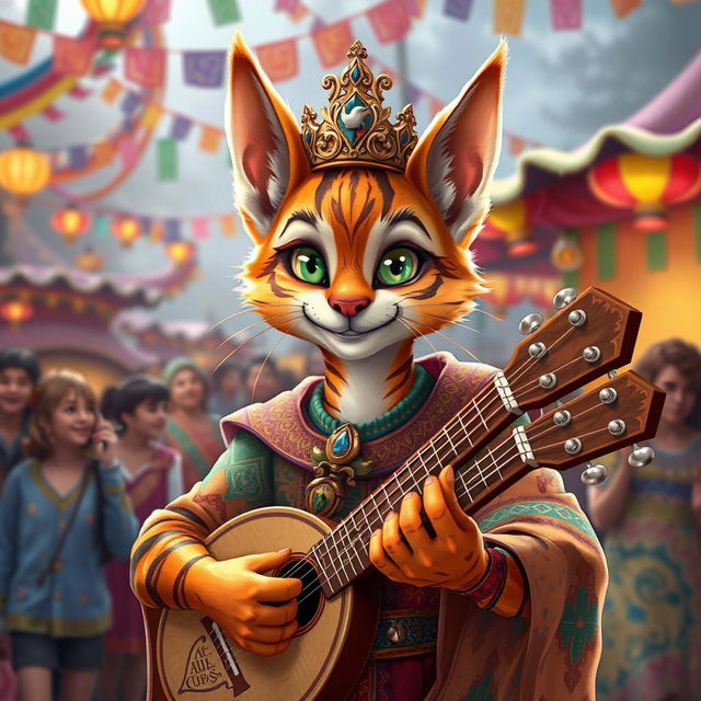 A teenage tabaxi bard, featuring feline-like features and an exuberant personality, wearing an ornate crown