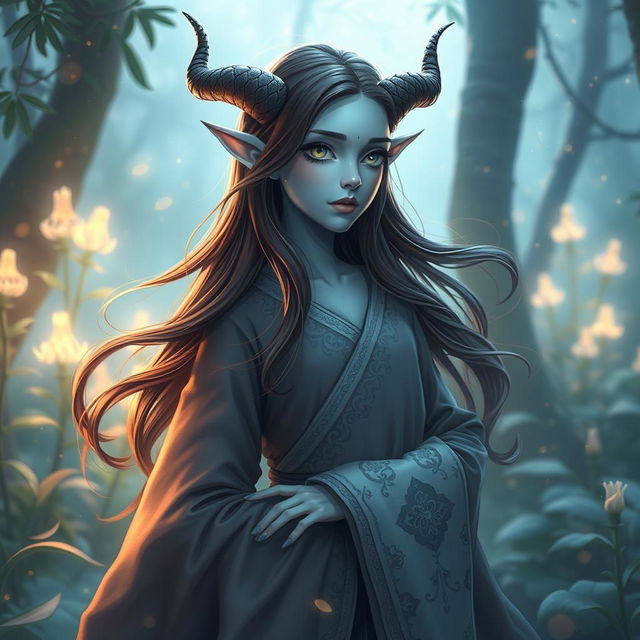 A pretty pale blue tiefling character with small horns, flowing brown hair, wearing elegant, intricate robes