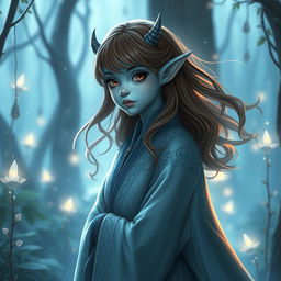 A pretty pale blue tiefling character with small horns, flowing brown hair, wearing elegant, intricate robes