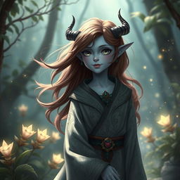 A pretty pale blue tiefling character with small horns, flowing brown hair, wearing elegant, intricate robes
