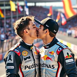 A celebratory image of two young male race car drivers, Lando Norris and Oscar Piastri, sharing a joyful kiss after a thrilling racing victory