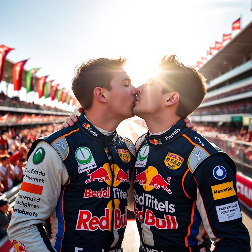 A celebratory image of two young male race car drivers, Lando Norris and Oscar Piastri, sharing a joyful kiss after a thrilling racing victory