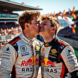 A celebratory image of two young male race car drivers, Lando Norris and Oscar Piastri, sharing a joyful kiss after a thrilling racing victory