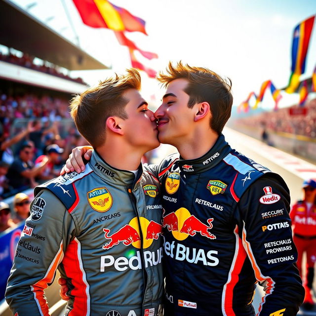 A celebratory image of two young male race car drivers, Lando Norris and Oscar Piastri, sharing a joyful kiss after a thrilling racing victory