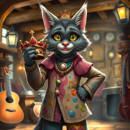 A grey tabaxi bard, standing confidently with a crown in his hand, wearing a vibrant outfit adorned with musical notes and colorful patterns