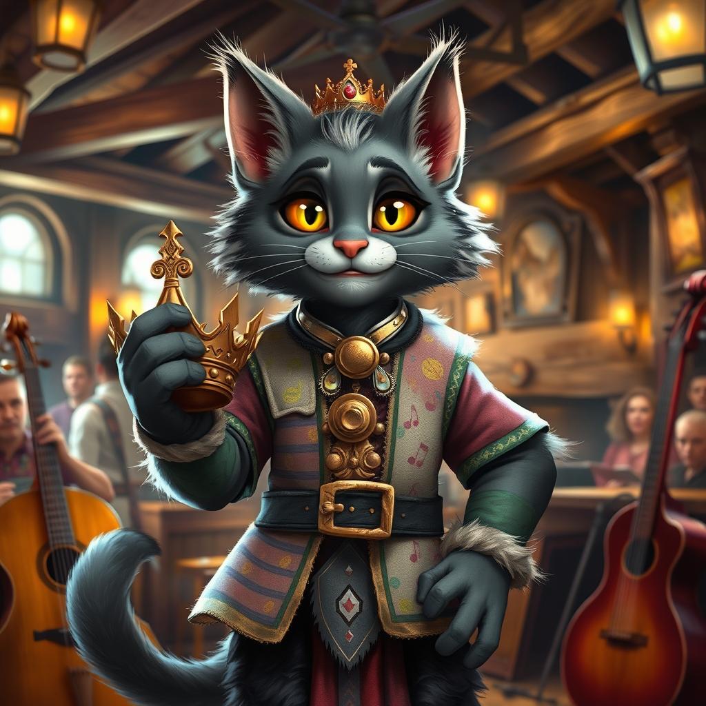 A grey tabaxi bard, standing confidently with a crown in his hand, wearing a vibrant outfit adorned with musical notes and colorful patterns