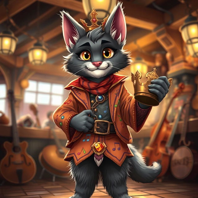 A grey tabaxi bard, standing confidently with a crown in his hand, wearing a vibrant outfit adorned with musical notes and colorful patterns