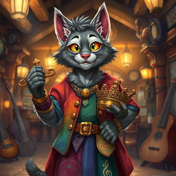 A grey tabaxi bard, standing confidently with a crown in his hand, wearing a vibrant outfit adorned with musical notes and colorful patterns