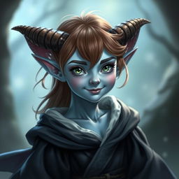 A pretty pale blue tiefling with captivating brown hair and small horns, wearing flowing, elegant robes