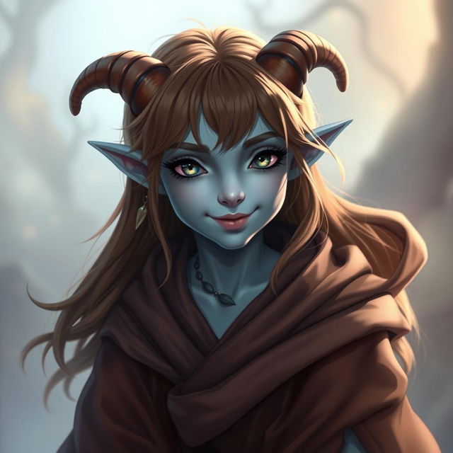 A pretty pale blue tiefling with captivating brown hair and small horns, wearing flowing, elegant robes