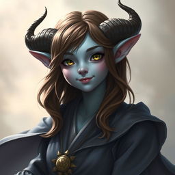 A pretty pale blue tiefling with captivating brown hair and small horns, wearing flowing, elegant robes
