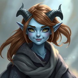 A pretty pale blue tiefling with captivating brown hair and small horns, wearing flowing, elegant robes