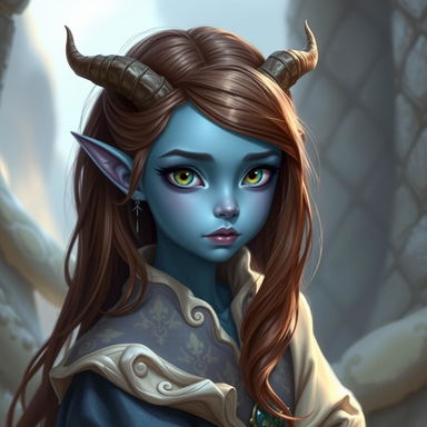 A pretty pale blue tiefling with elegant brown hair and small, delicate horns, wearing flowing, beautifully crafted robes
