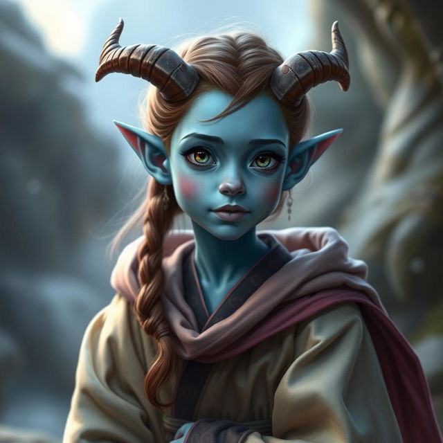 A pretty pale blue tiefling with elegant brown hair and small, delicate horns, wearing flowing, beautifully crafted robes