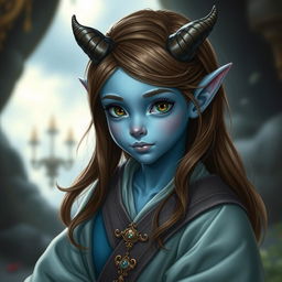 A pretty pale blue tiefling with elegant brown hair and small, delicate horns, wearing flowing, beautifully crafted robes